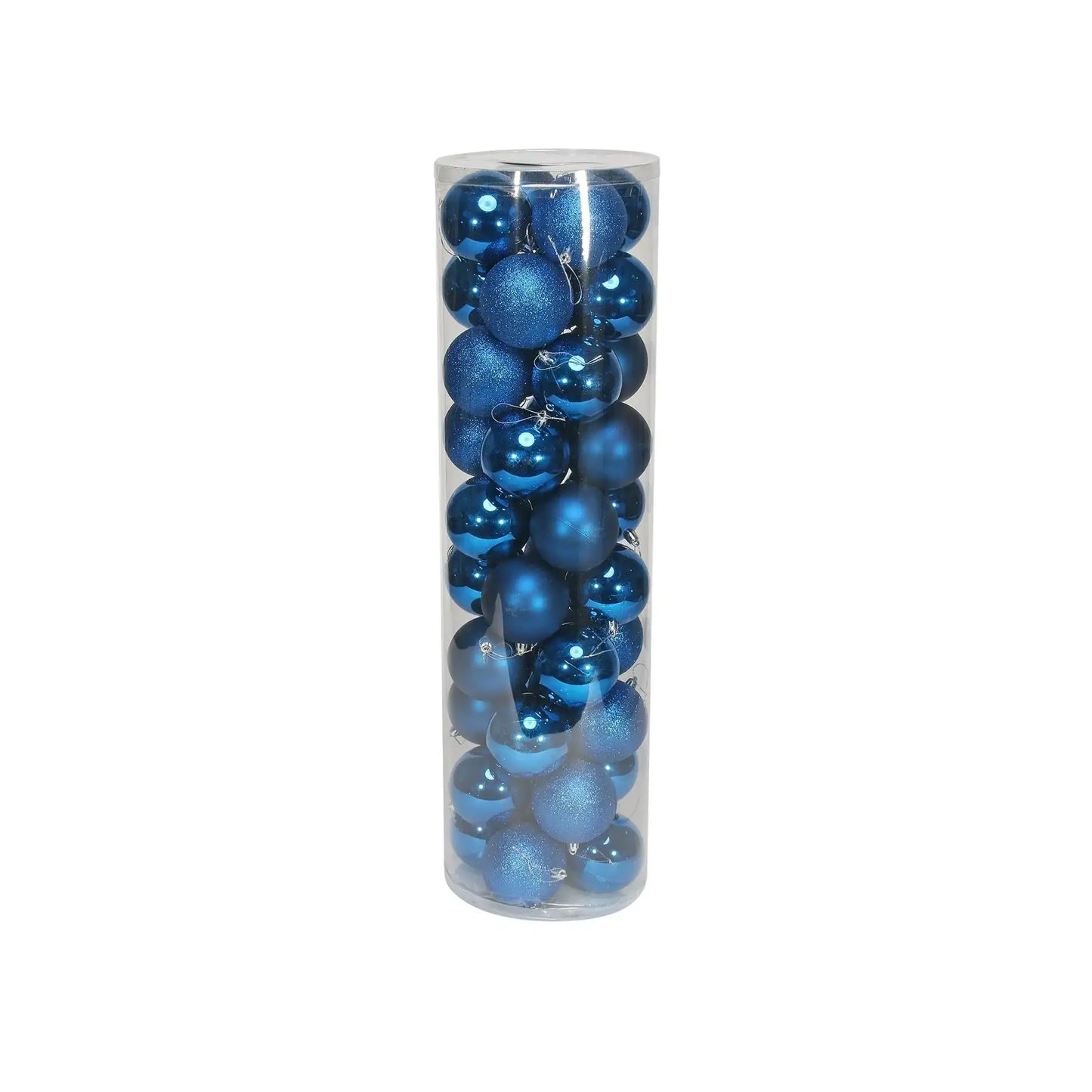 Blue Christmas ornaments in clear tube packaging, perfect for holiday tree décor and seasonal gifting.
