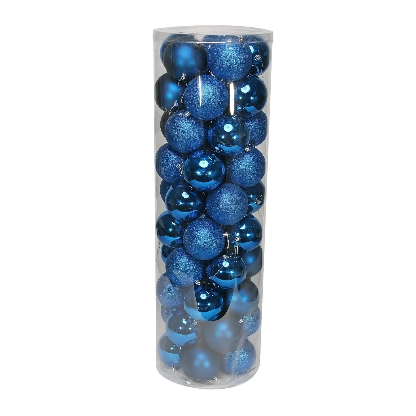 Blue Christmas ornaments in clear tube, festive holiday decor for tree or home