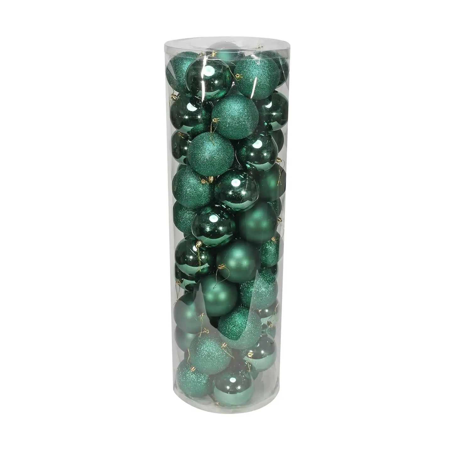 Emerald green Christmas ornaments in clear tube, assorted finishes for holiday tree décor