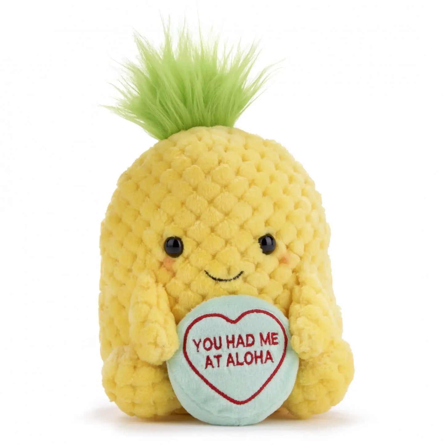Cute pineapple plush toy holding heart pillow with 'You Had Me at Aloha' text, perfect gift for celebrations