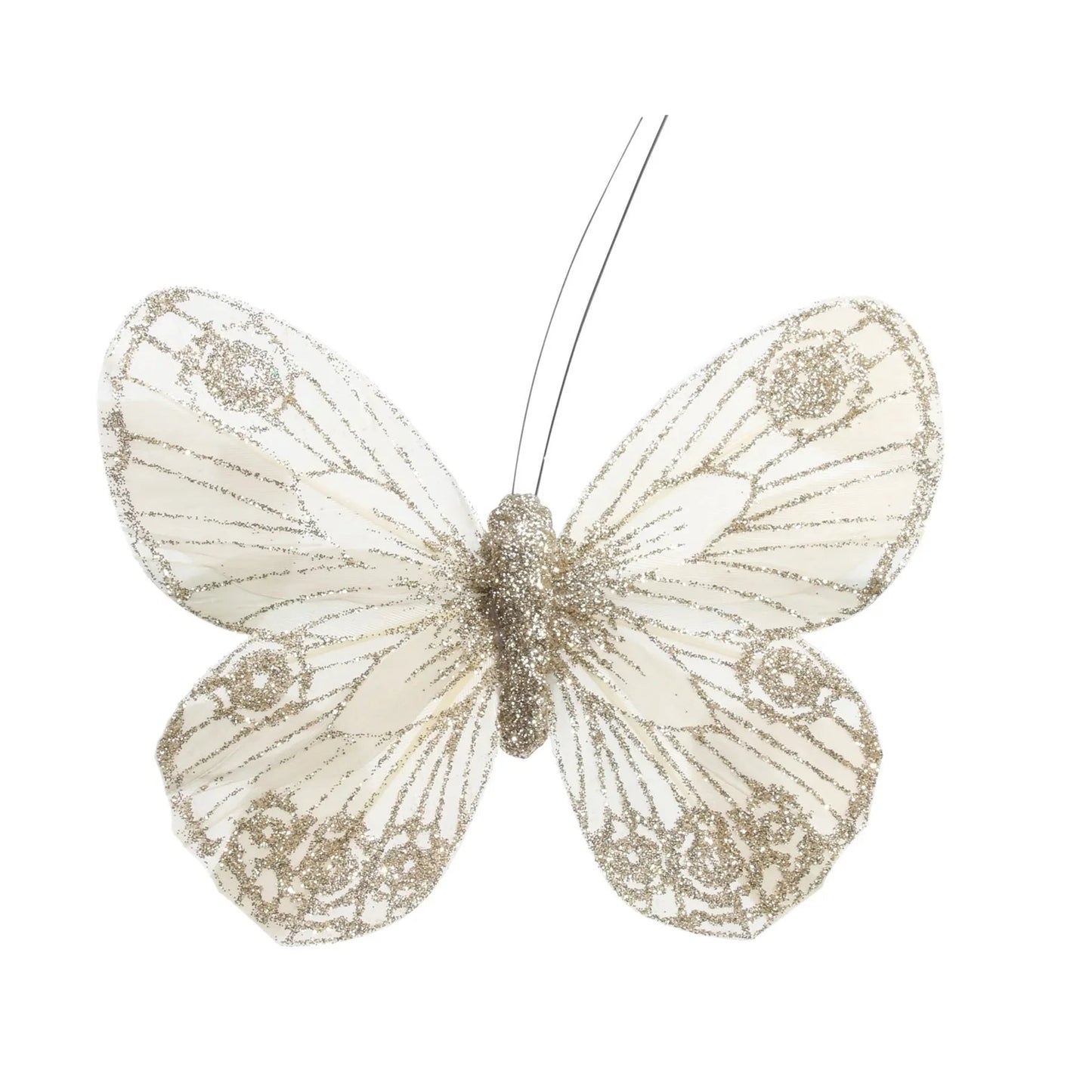 12cm Cream Gold Feather & Glitter Butterfly (Pack of 12)