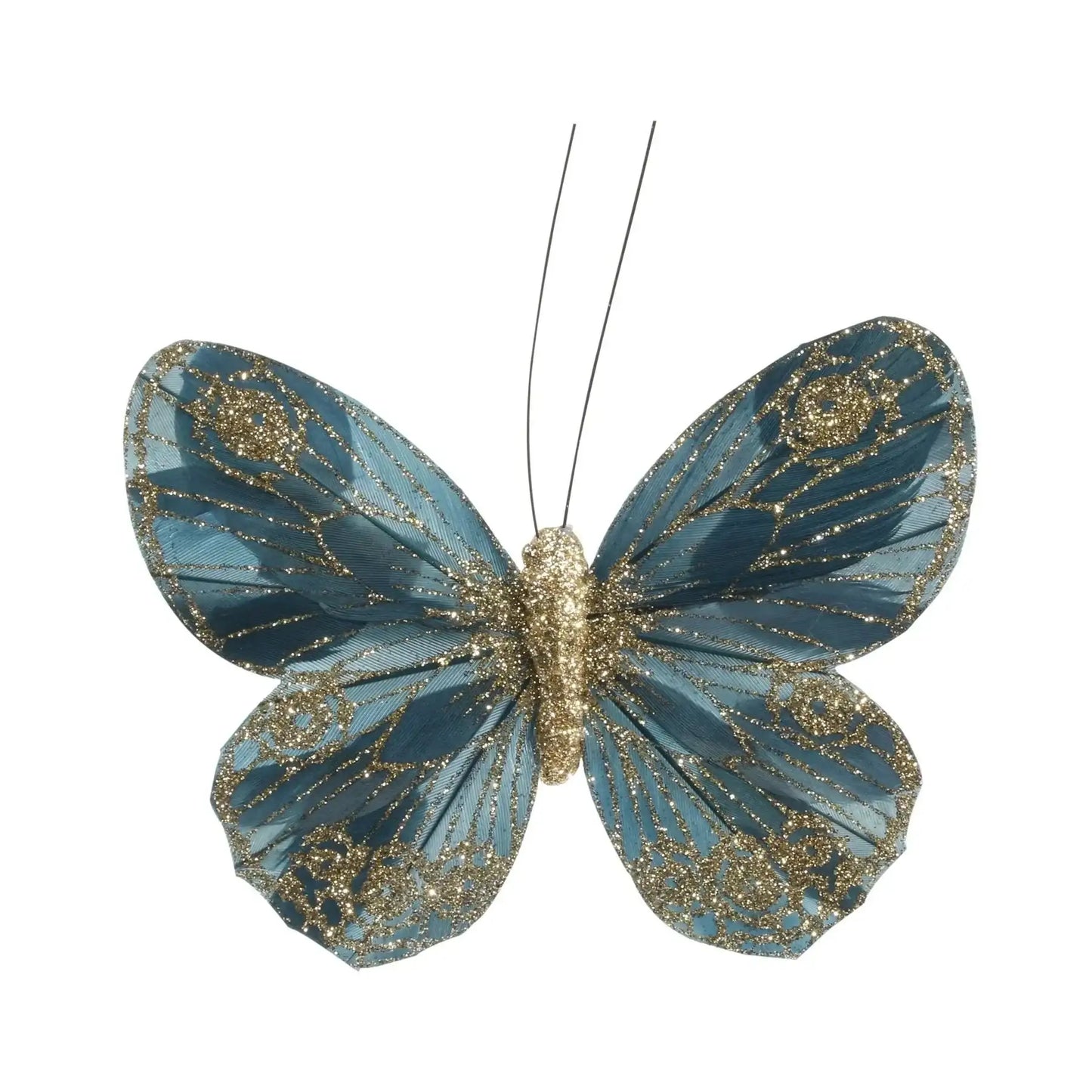 12cm Petrol Green Feather and Glitter Butterfly (Pack of 12)
