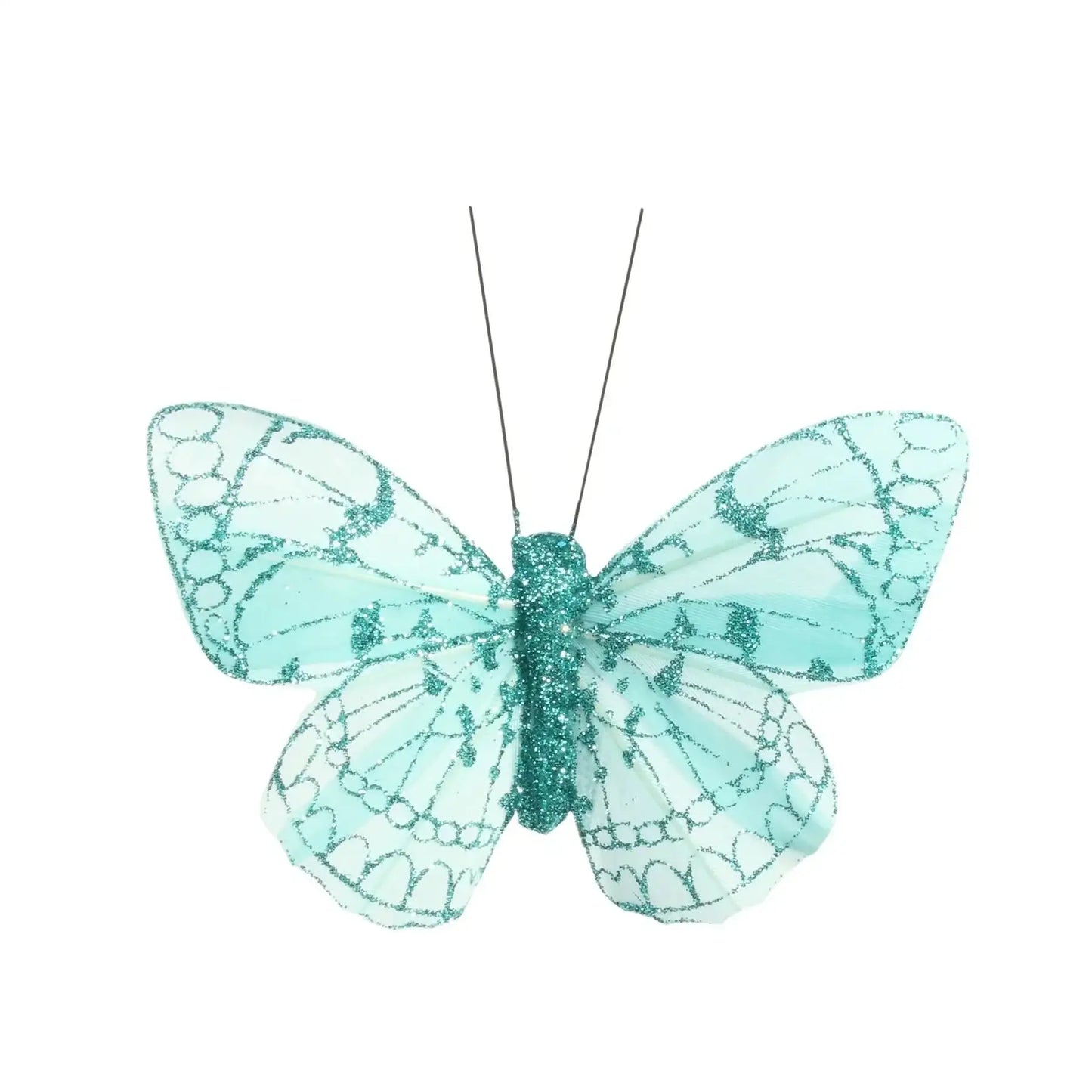8cm Turquoise Feather and Glitter Butterfly (Pack of 12)