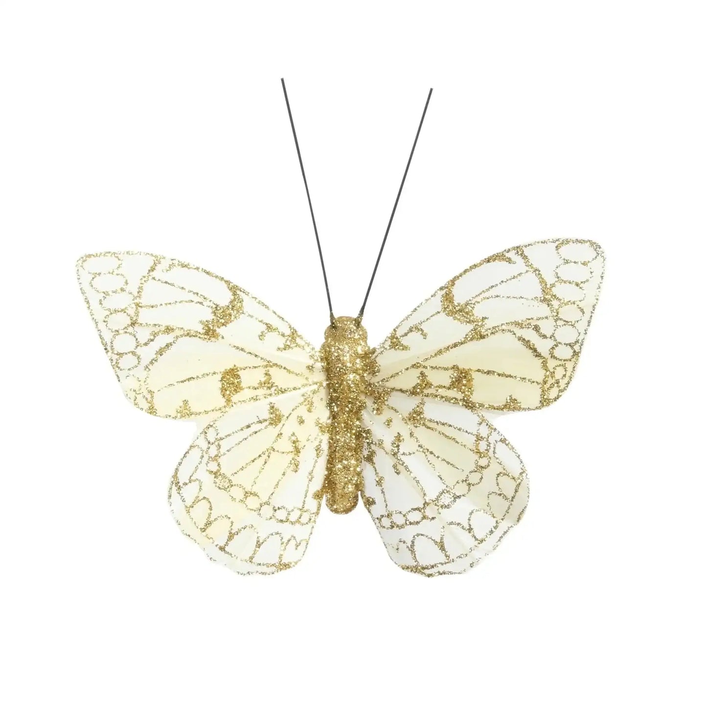 8cm Cream/Gold Feather and Glitter Butterfly (Pack of 12)