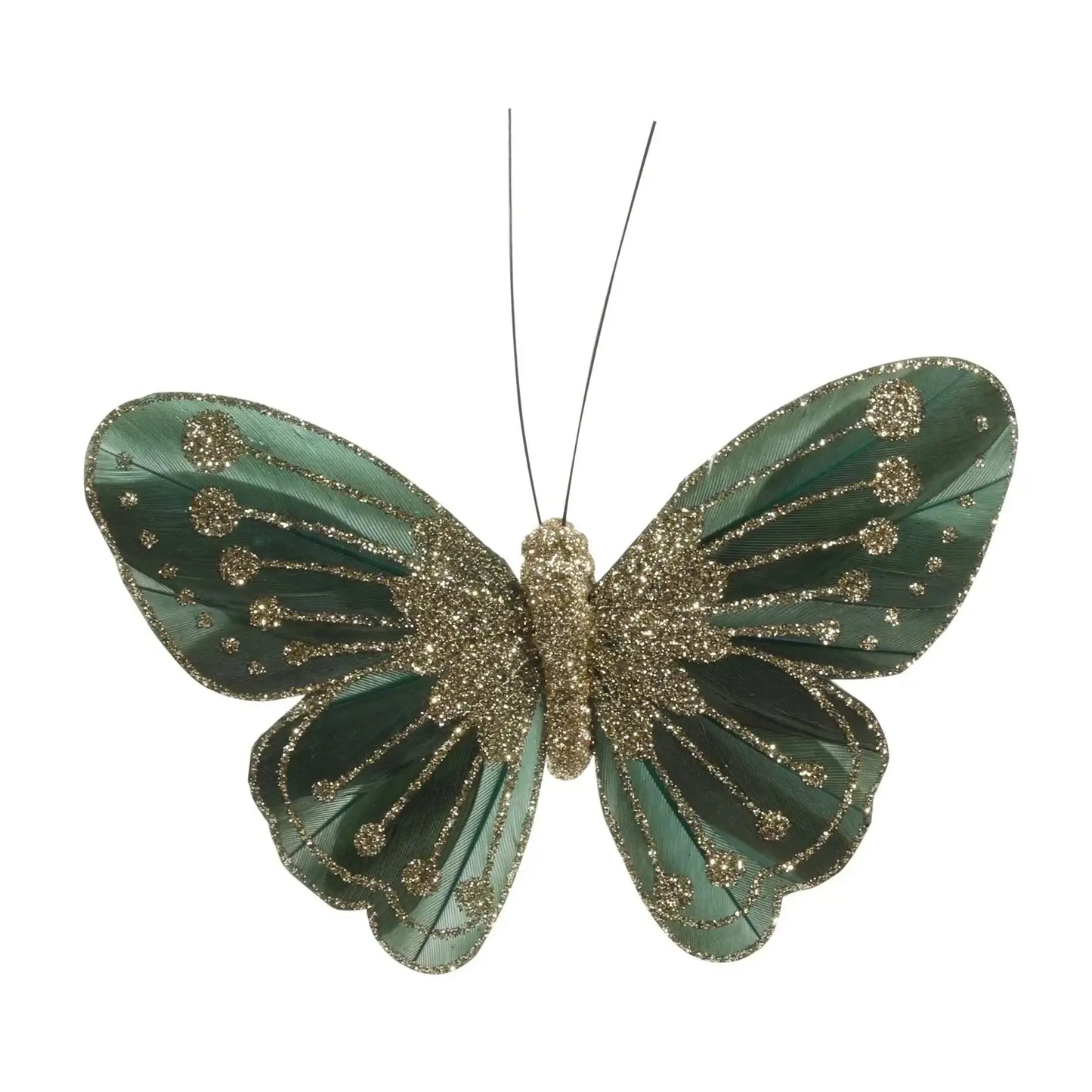 11.5cm Forest Green Feather and Glitter Butterfly (Pack of 12)