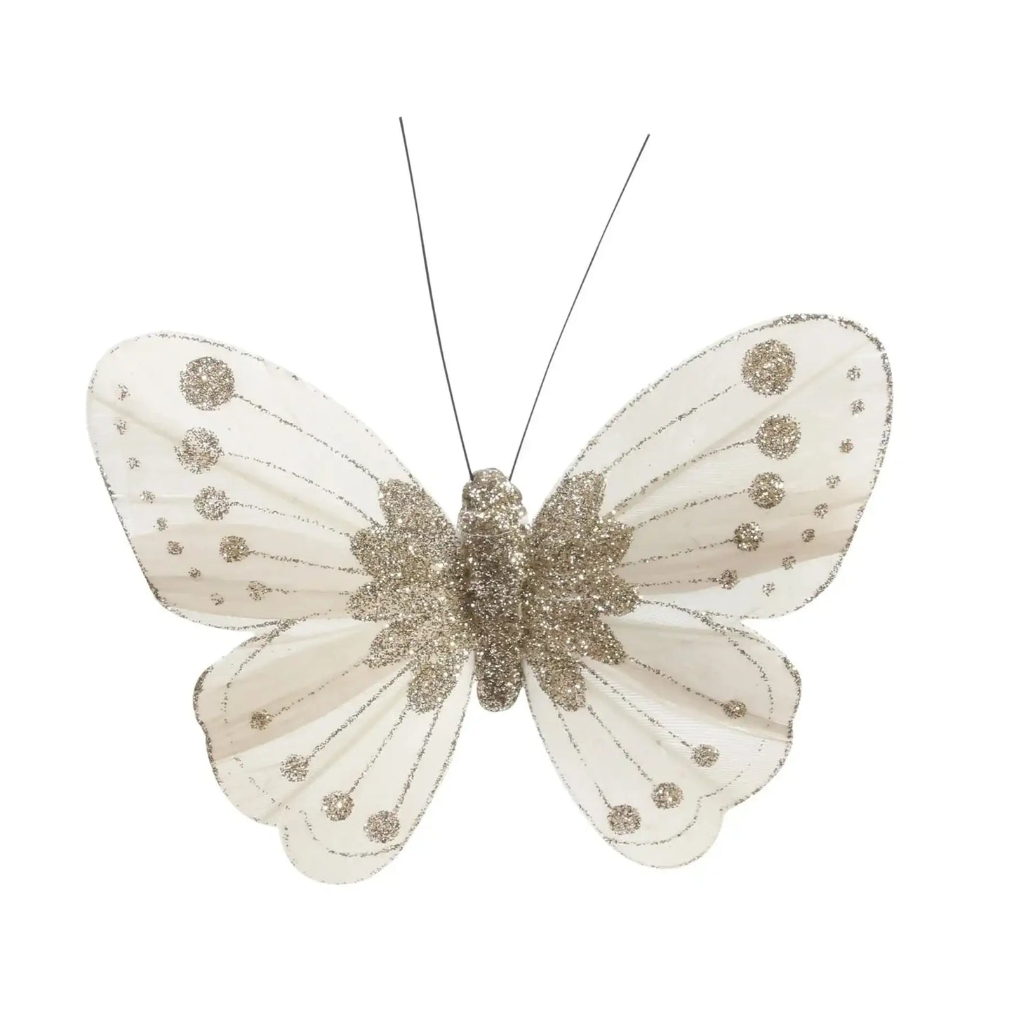 11.5cm Ivory/Gold Feather and Glitter Butterfly (Pack of 12)