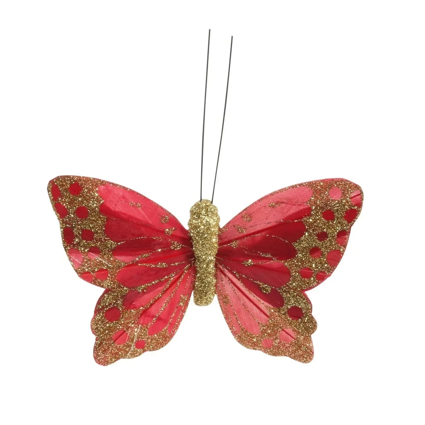 9cm Red/Gold Feather and Glitter Butterfly (Pack of 12)