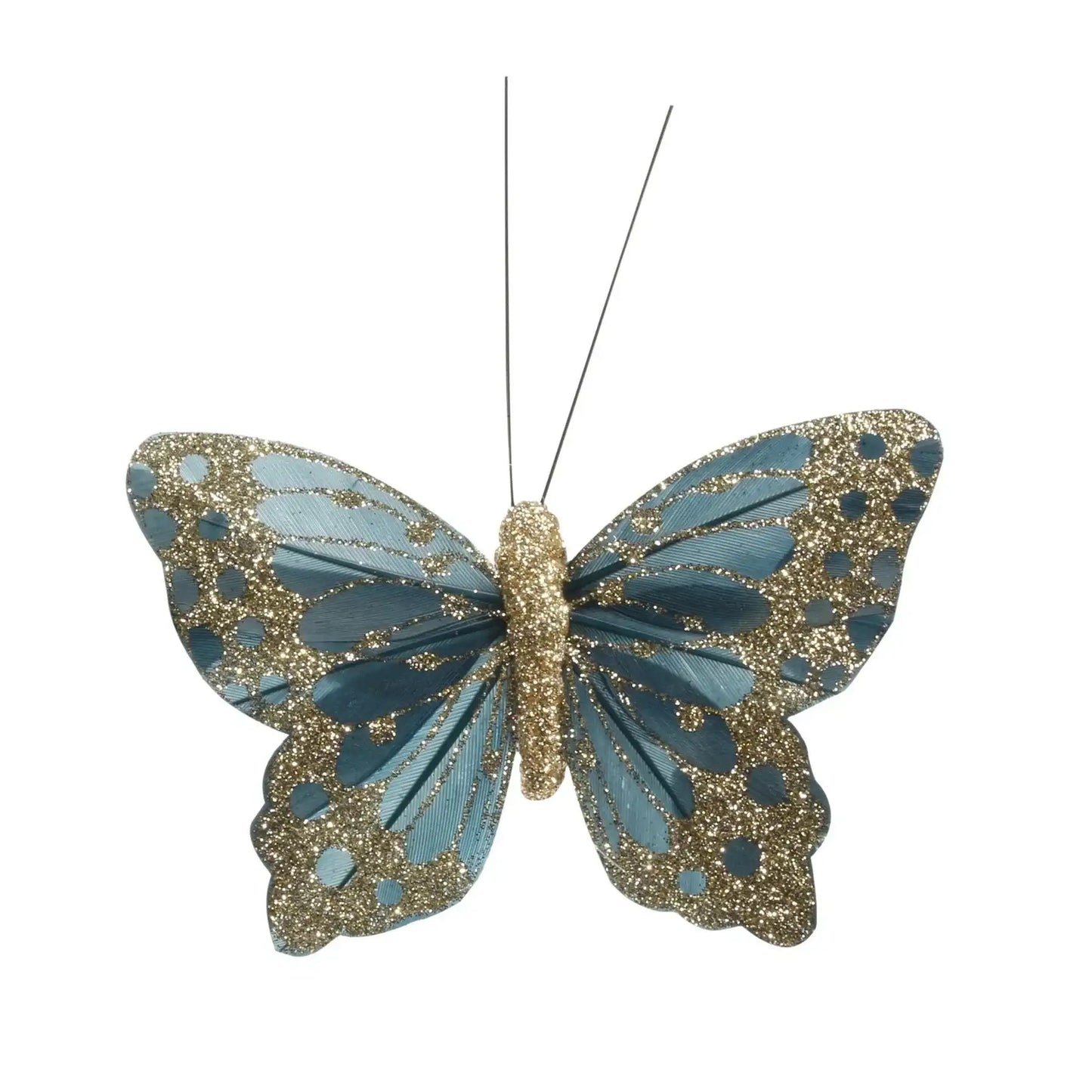 9cm Petrol Green Feather and Glitter Butterfly (Pack of 12)