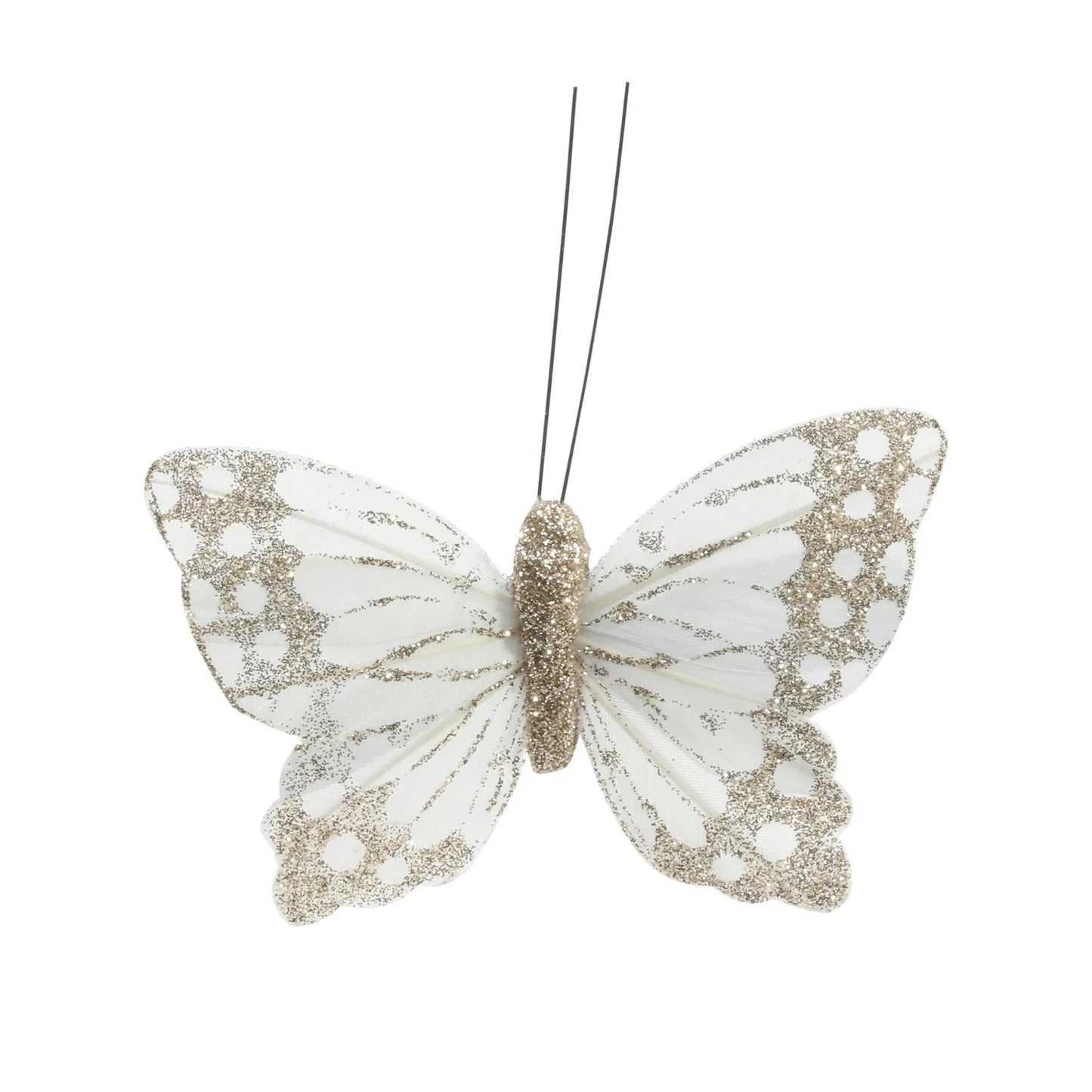 9cm Golden Ivory Feather & Glitter Butterfly (Pack of 12)