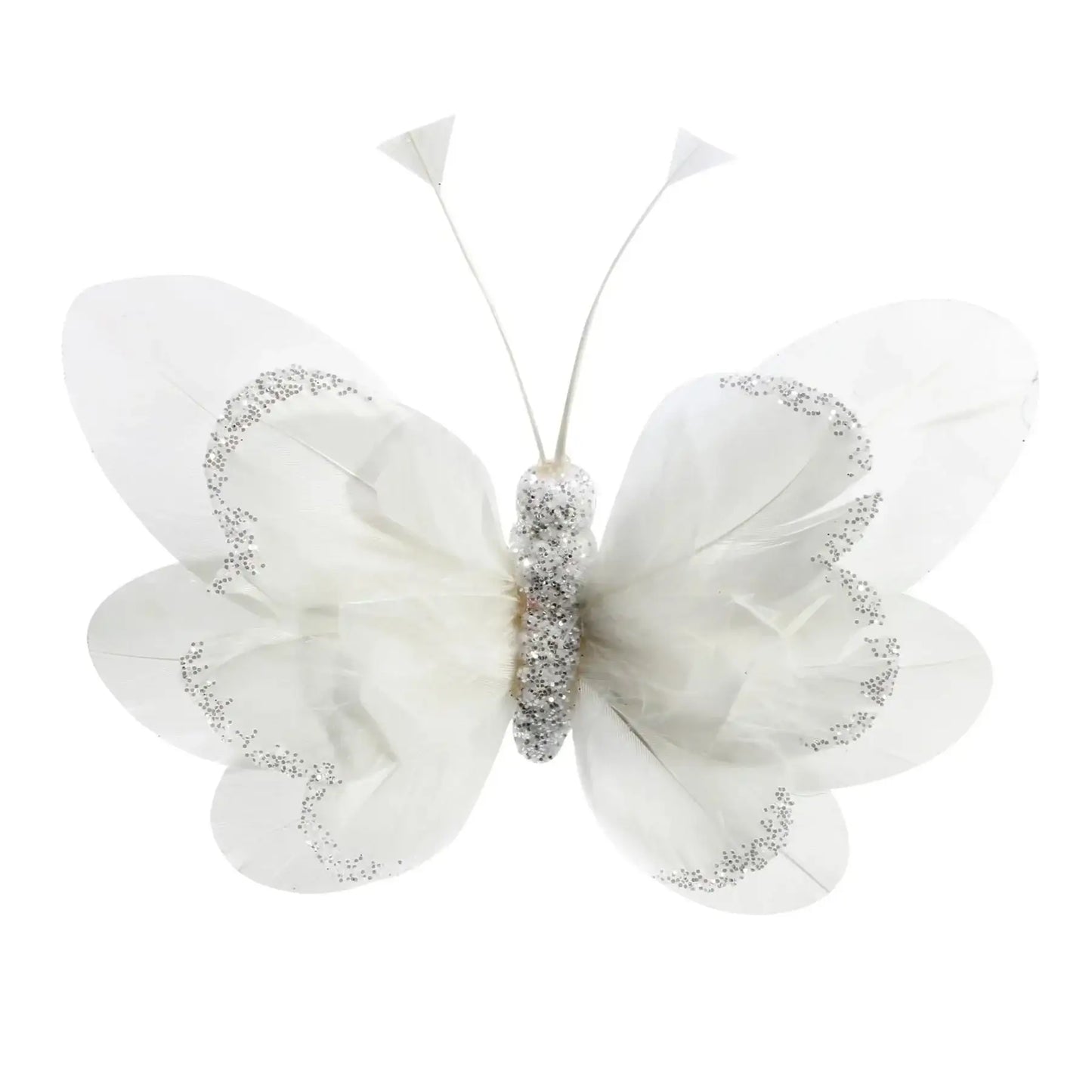 14cm White Feather and Glitter Butterfly (Pack of 6)