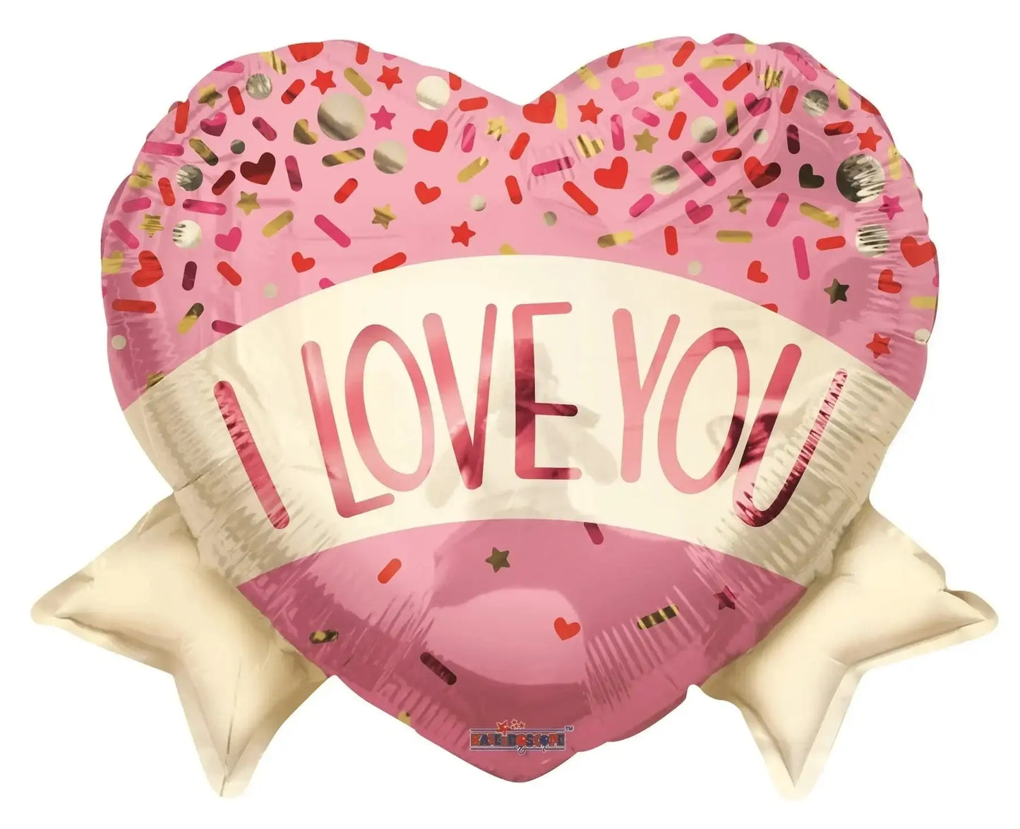 Pink heart-shaped balloon with 'I LOVE YOU' text, sprinkles, stars, and hearts for Valentine's Day or romantic gifts