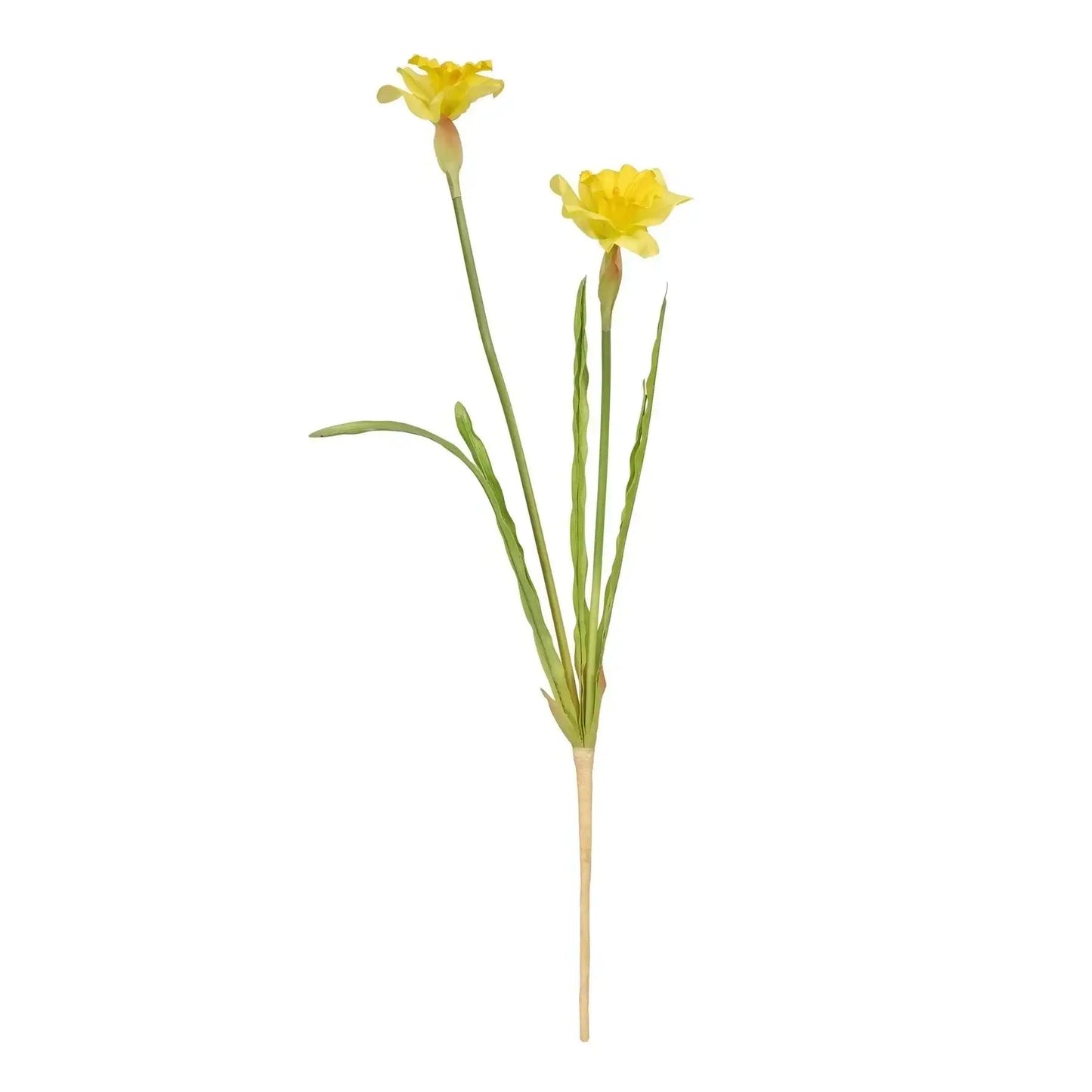 Artificial yellow daffodil stem with two blooms and green leaves for home décor