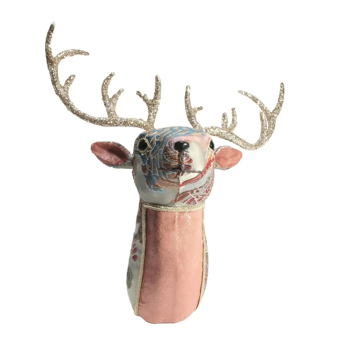 Velvet embroidered reindeer head with gold glitter antlers, festive home decor accent.