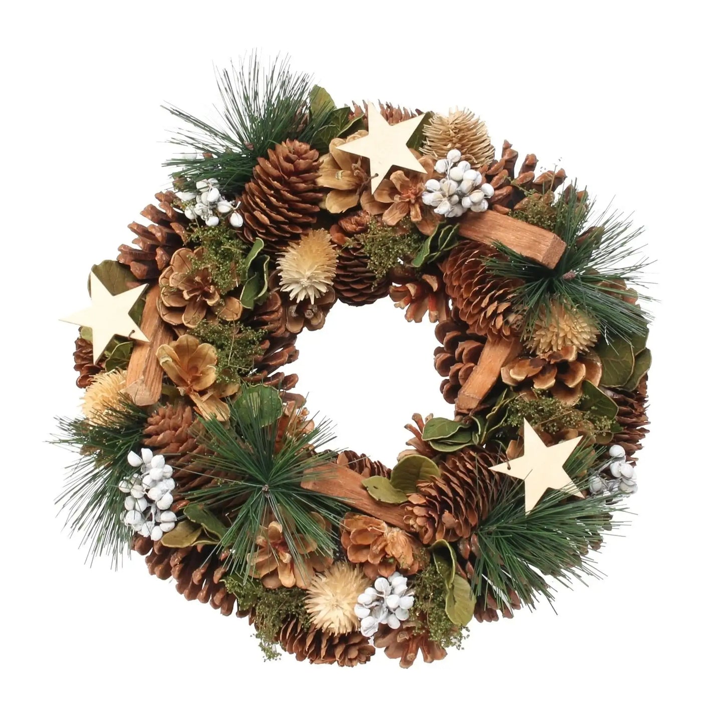 Festive pinecone wreath with wooden stars, greenery, and white berries for holiday decor