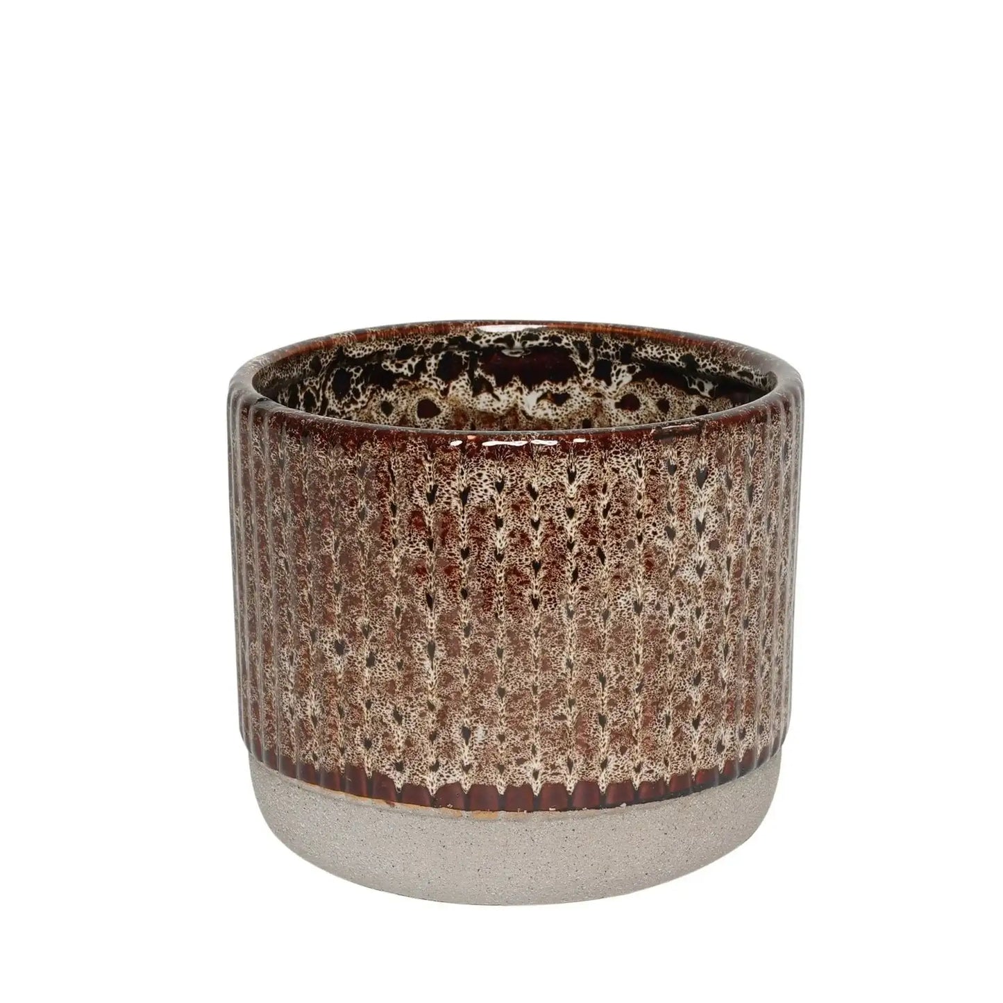 Textured ceramic planter with brown and beige glaze, modern home décor accent.