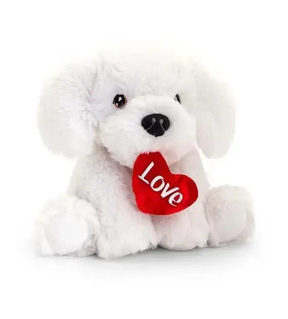 White plush dog holding red heart with 'Love' text, perfect for Valentine's Day or romantic gifts