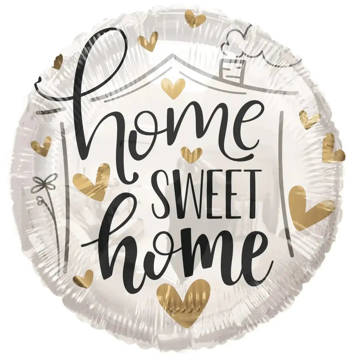 Home Sweet Home foil balloon with gold hearts and house design for housewarming gifts and home décor