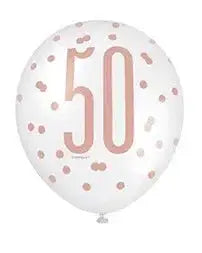 Assorted Rose Gold and White All Over Print 50th Latex Balloon