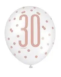 Assorted Rose Gold and White All Over Print 30th Latex Balloon