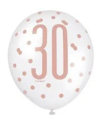 Assorted Rose Gold and White All Over Print 30th Latex Balloon