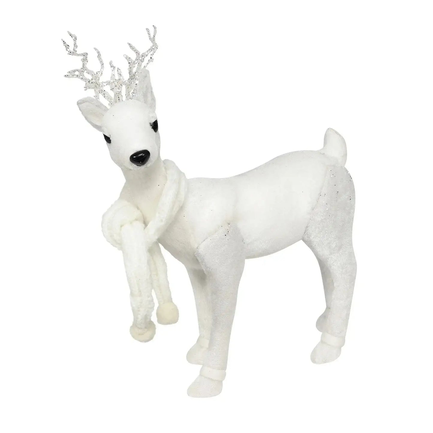 White decorative reindeer figurine with glitter antlers and cozy scarf, perfect for holiday décor