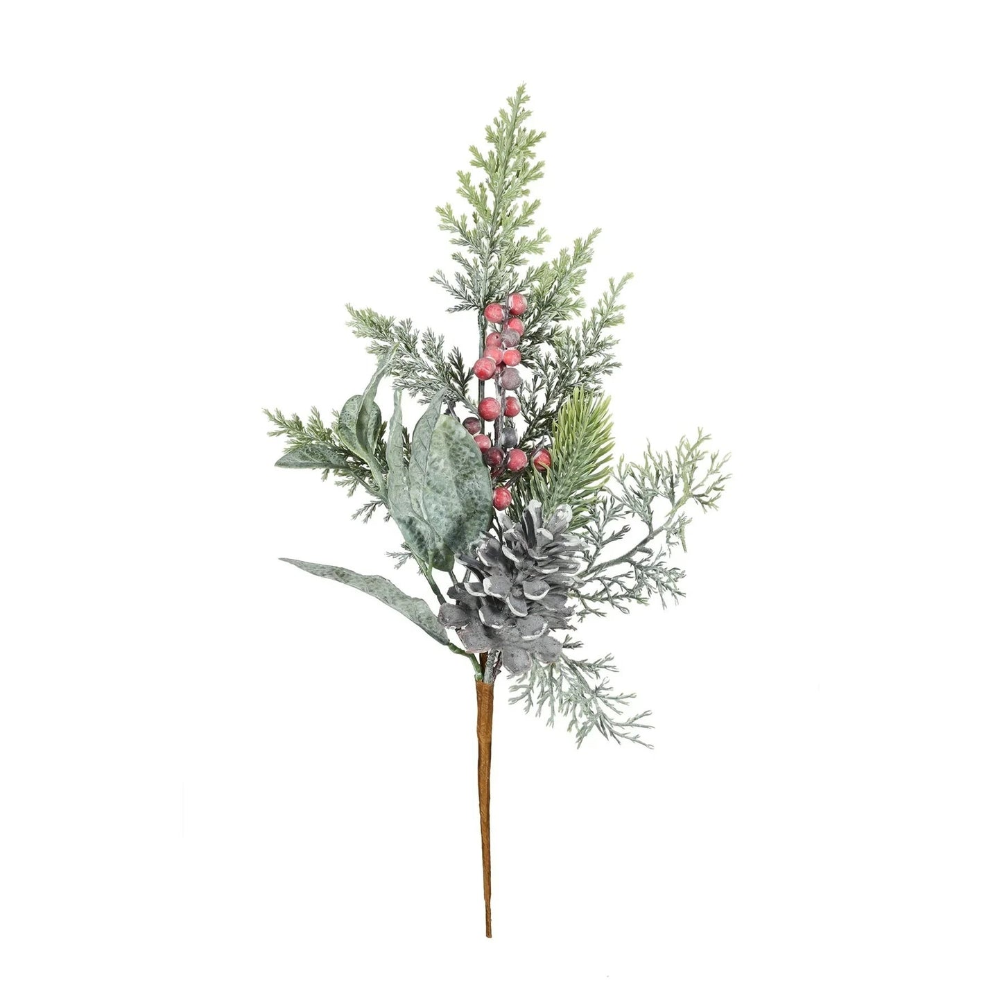 Holiday greenery pick with pine cone, red berries, frosted leaves, and evergreen sprigs