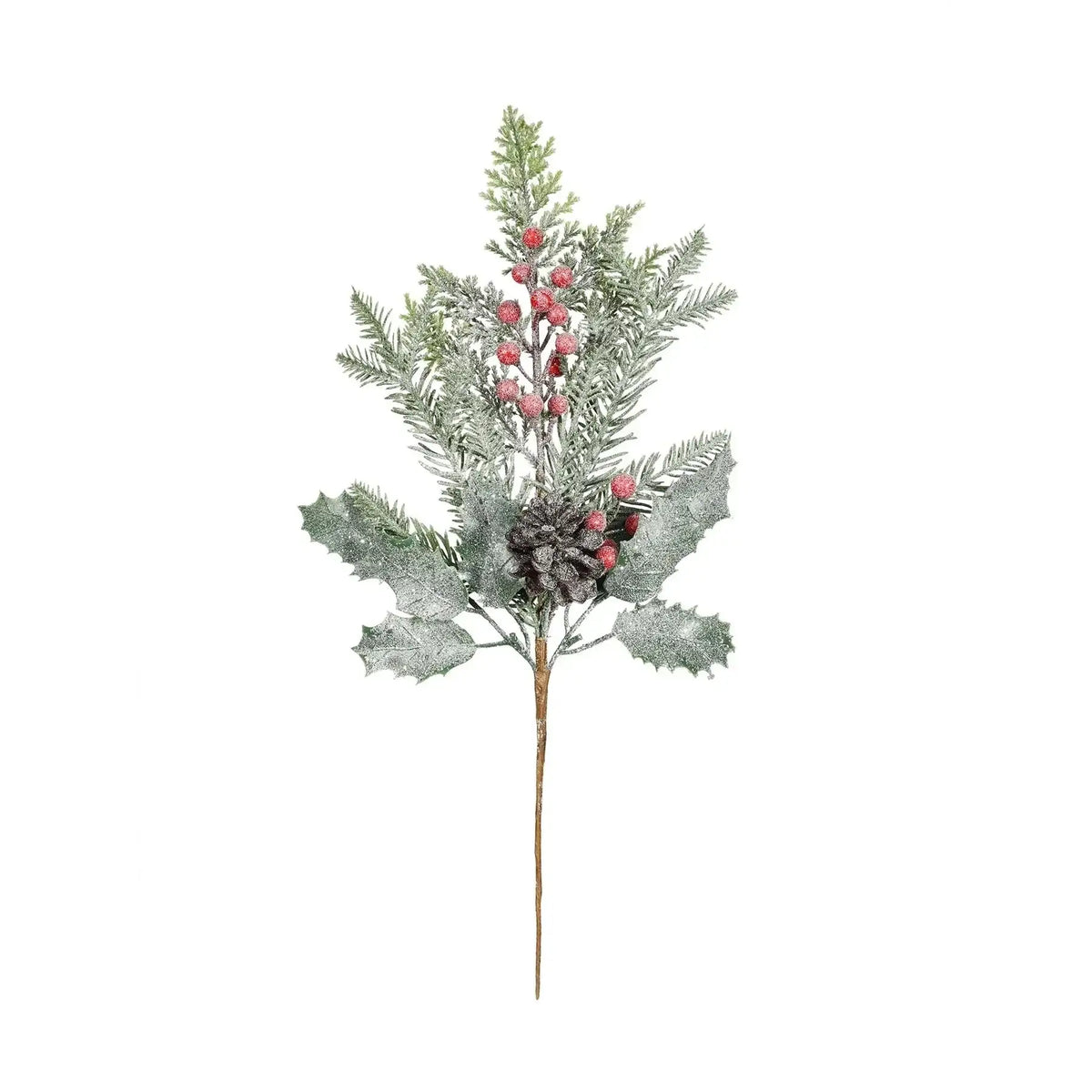 Frosted Foliage Cone and Red Berry Pick (H48cm)