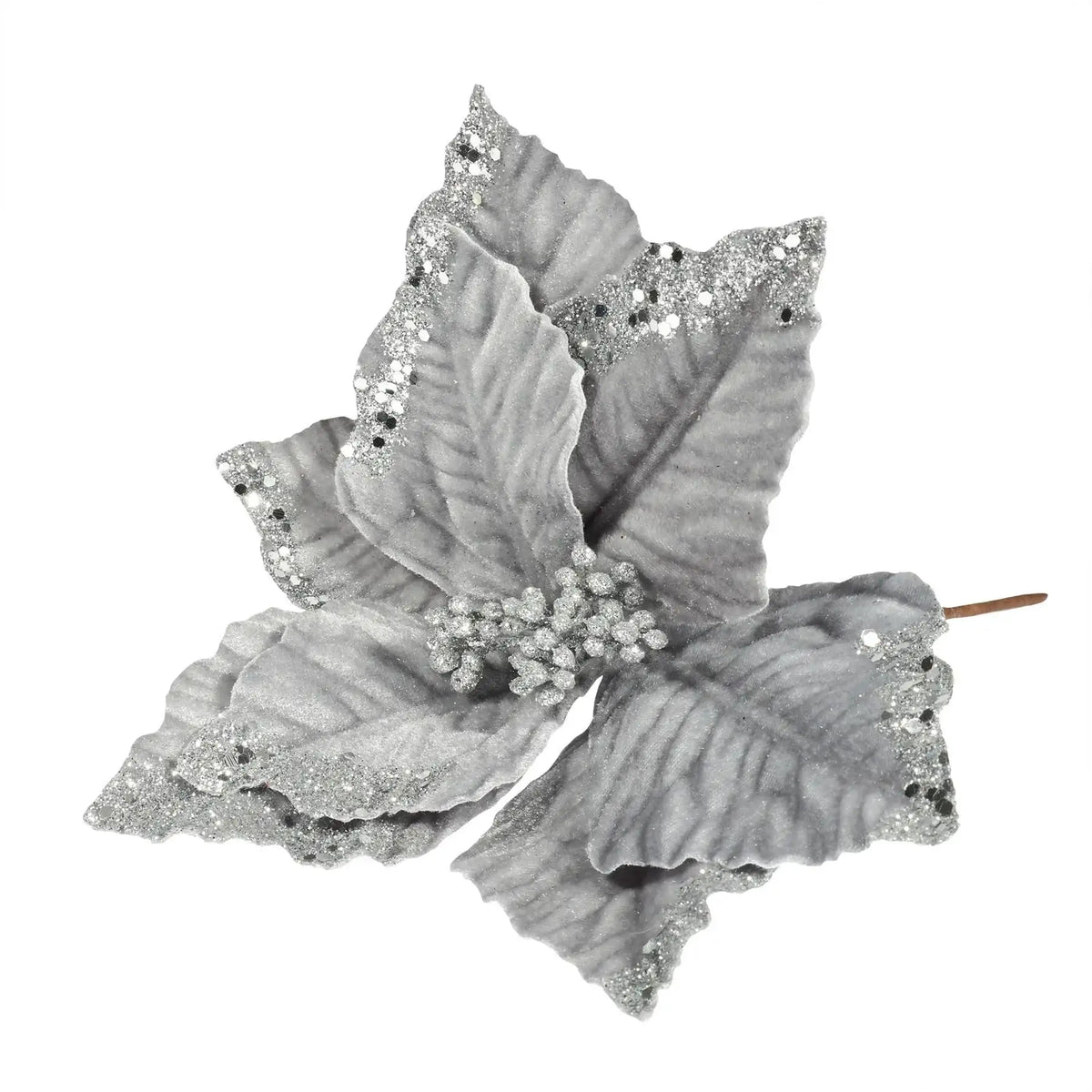 Silver glitter poinsettia flower decoration for festive home décor and holiday gifts