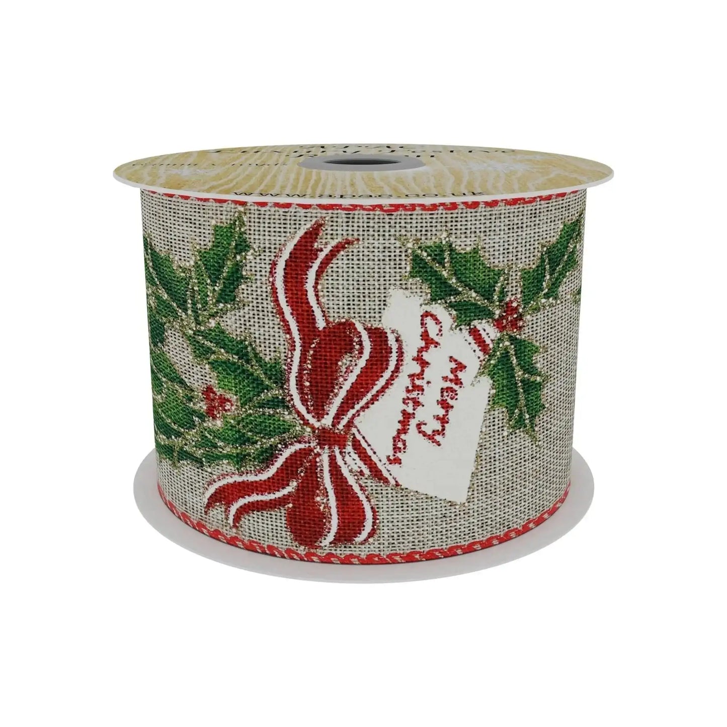 Natural Ribbon with Holly and Bow Print (63mm x 10yd)
