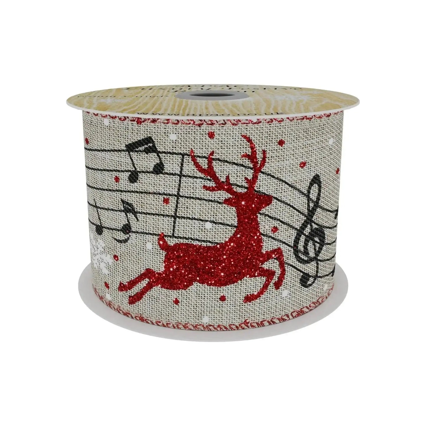 Natural Ribbon With Red Reindeer and Musical Notes (63mm x 10yd)