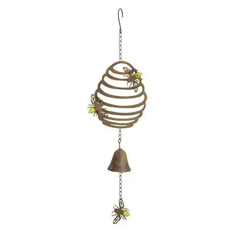Rustic bee hive wind chime with yellow bees and bell, perfect for garden or patio décor