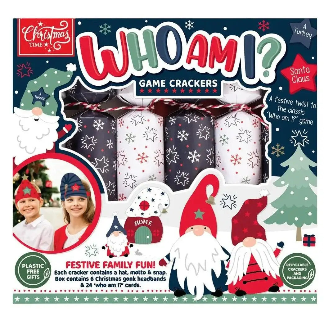 Christmas Who Am I? game crackers pack with festive gonk headbands, family fun holiday décor