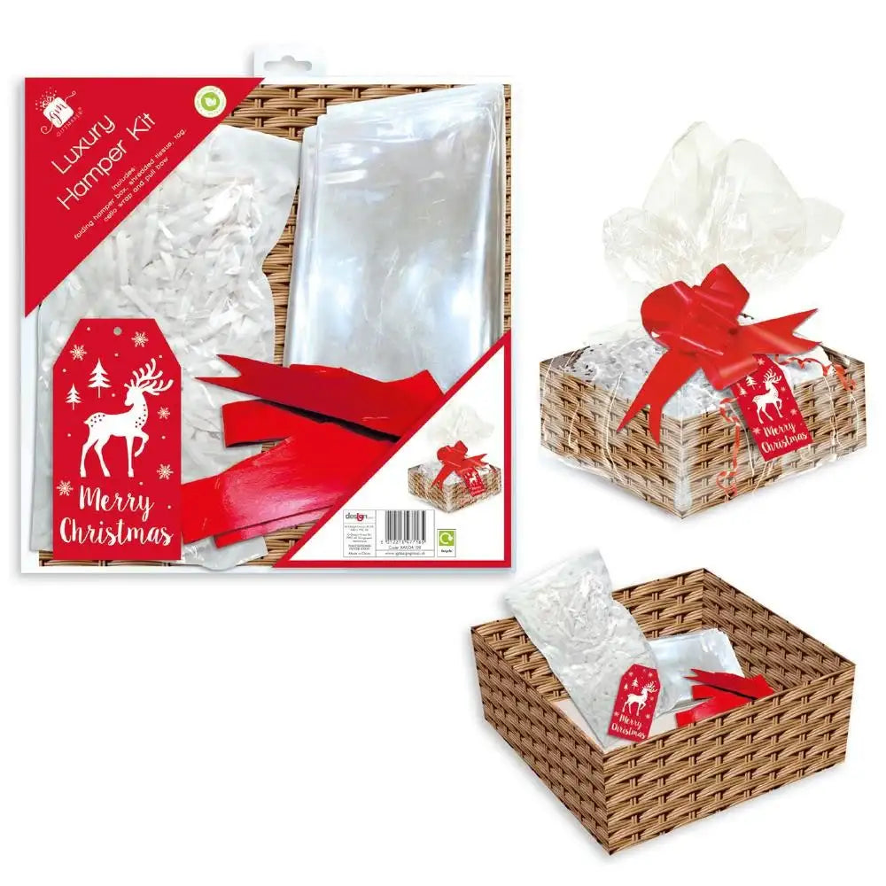 Luxury Christmas hamper kit with wicker basket, red ribbon, and Merry Christmas tag for festive gifting