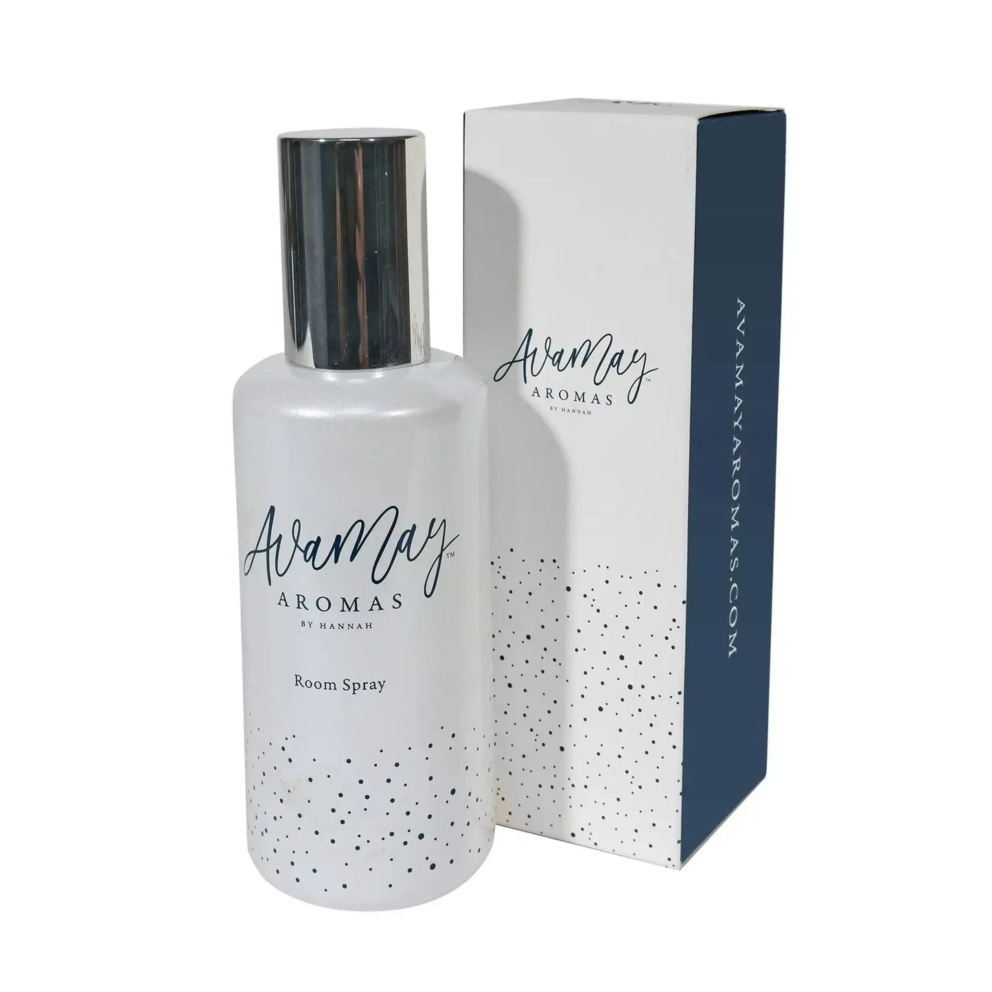 Ava May Aromas room spray bottle with silver cap and matching product box, modern home fragrance.