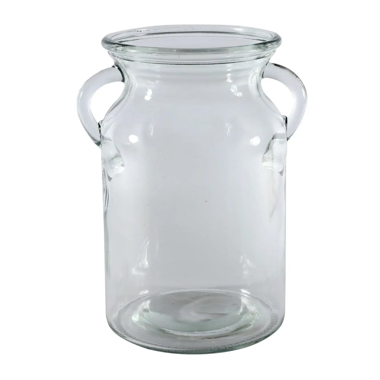 Clear glass vase with dual handles, perfect for home décor and floral arrangements