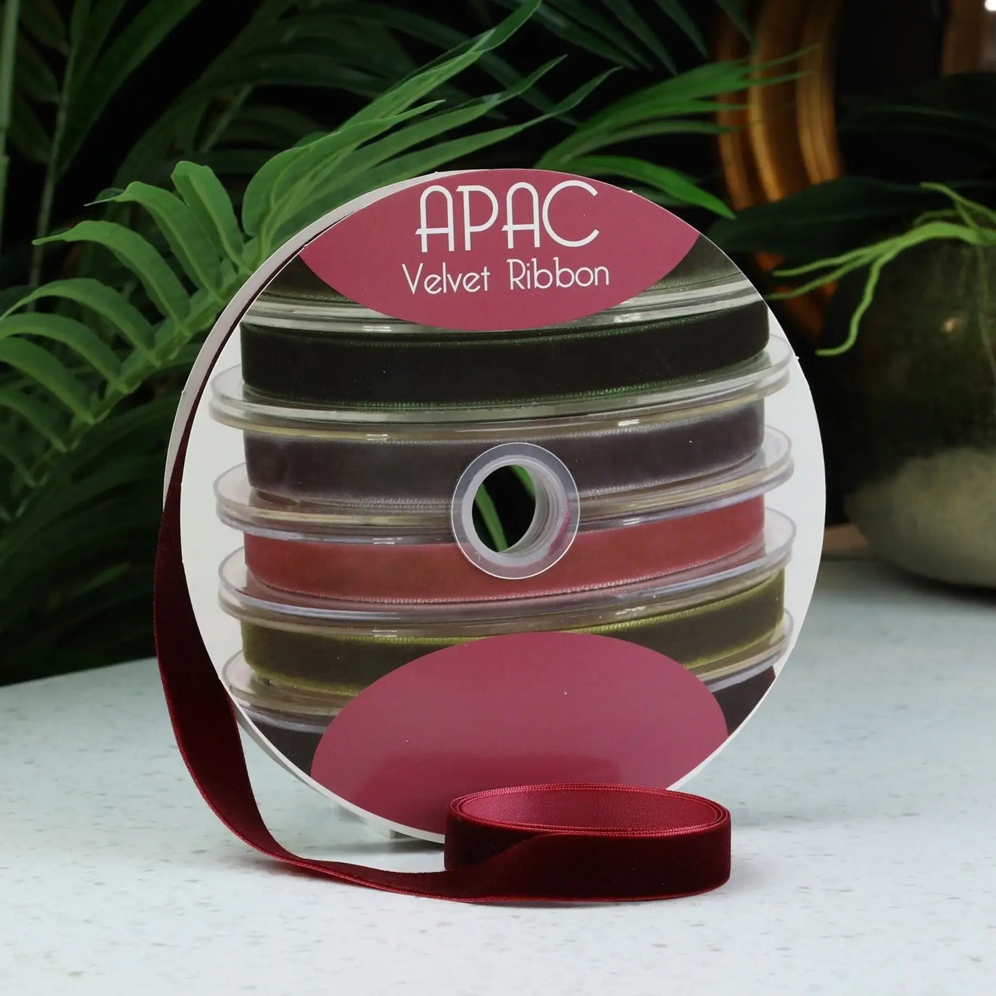 APAC Velvet Ribbon spool in rich burgundy, perfect for gift wrapping and home décor accents