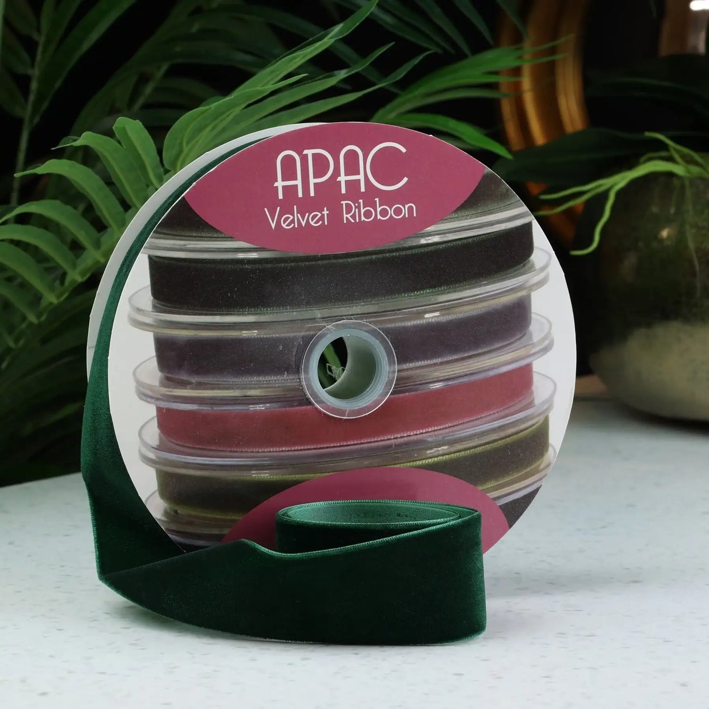 APAC Velvet Ribbon spool in emerald green, perfect for gift wrapping and home décor accents