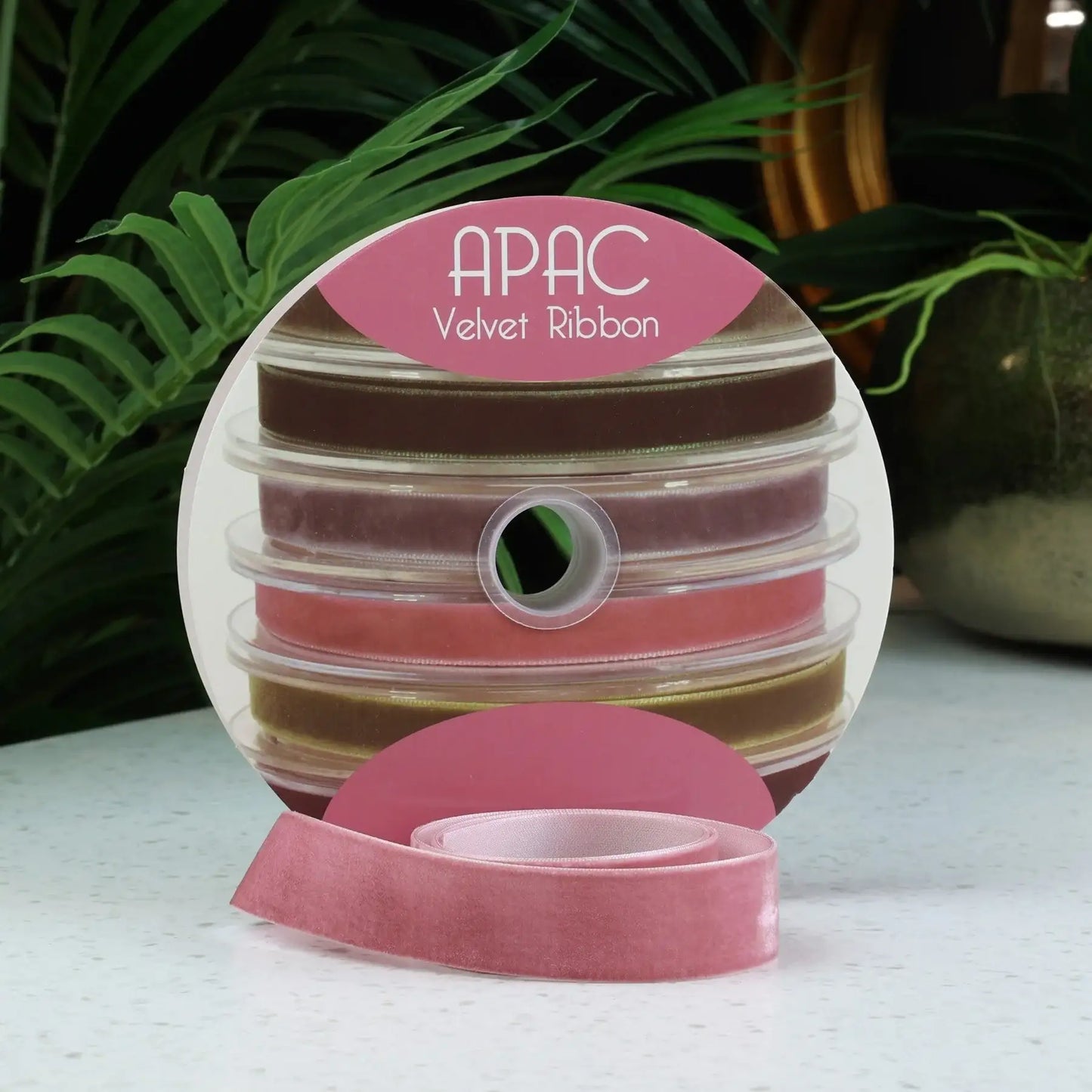 APAC Velvet Ribbon set in soft pink, mauve, and olive tones for gift wrapping and home décor