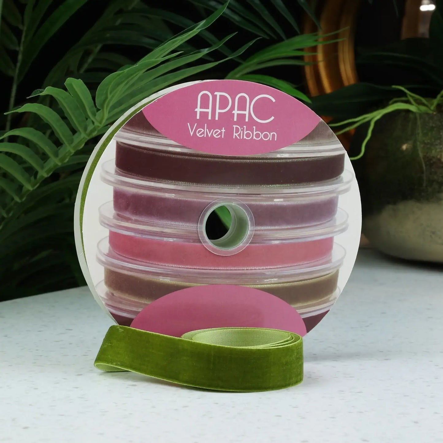 APAC Velvet Ribbon spools in assorted colors, perfect for gift wrapping and home décor accents