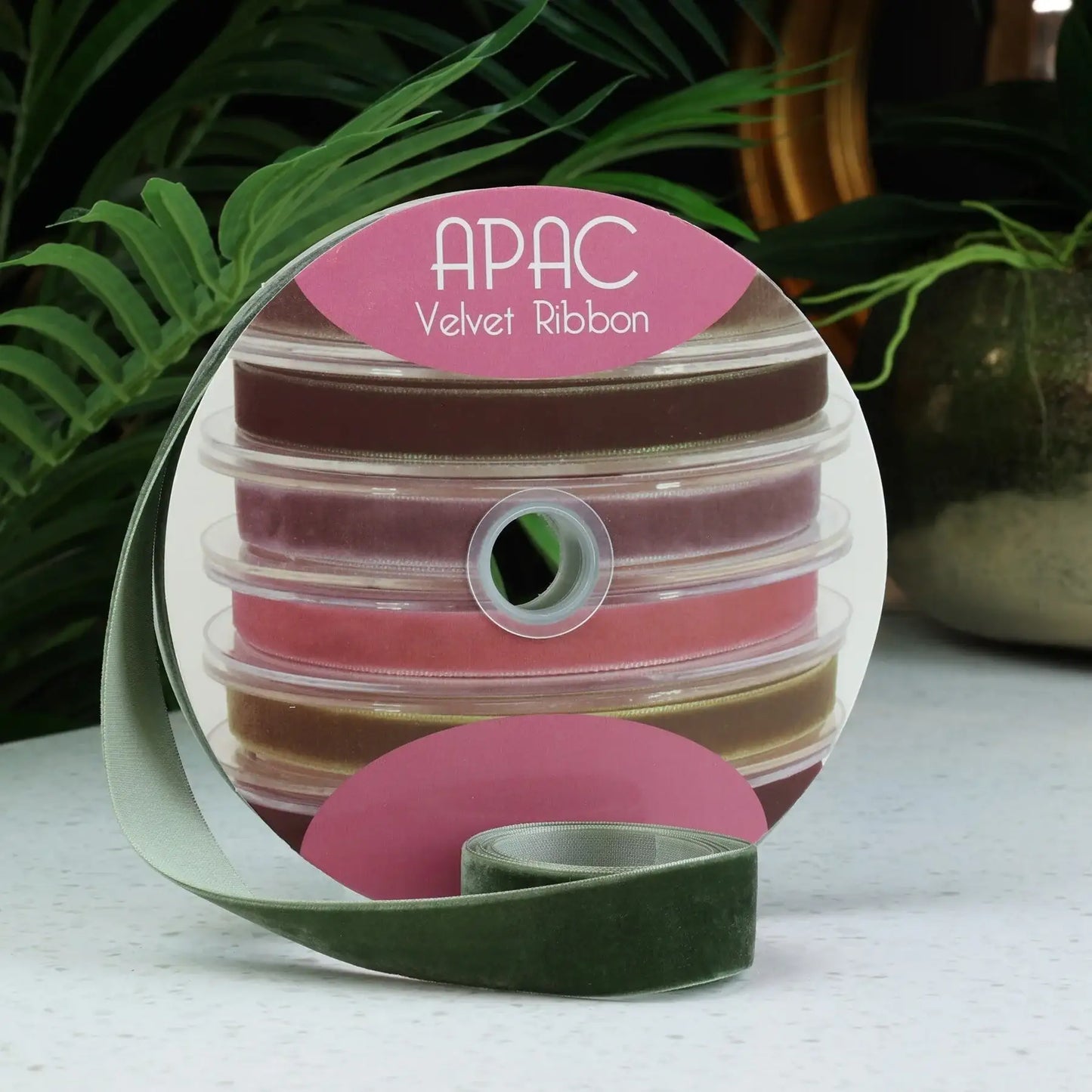 APAC velvet ribbon spool in earthy tones, perfect for gift wrapping and home décor accents
