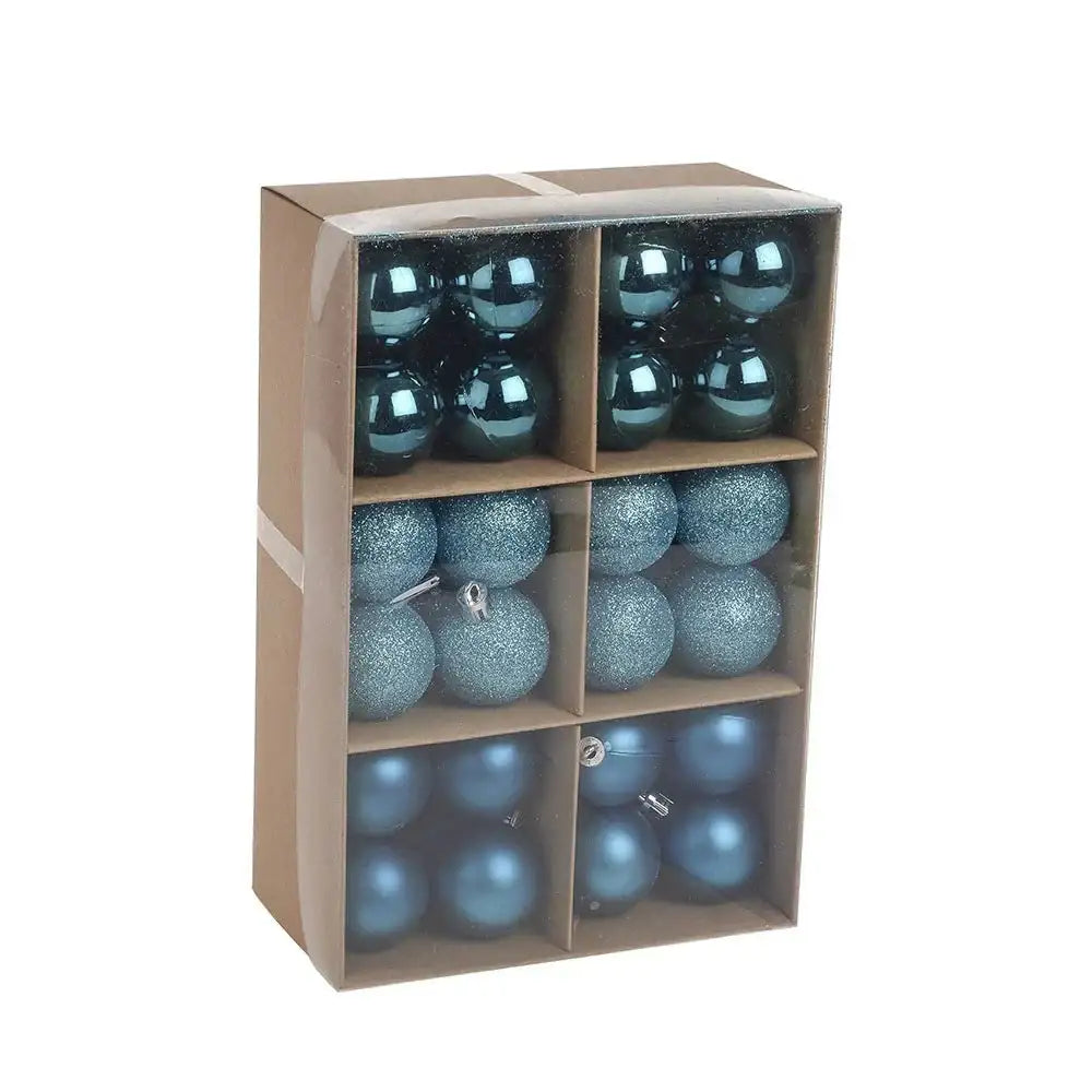 Blue Christmas ornaments in gift box — matte, glitter, and shiny finishes for holiday décor