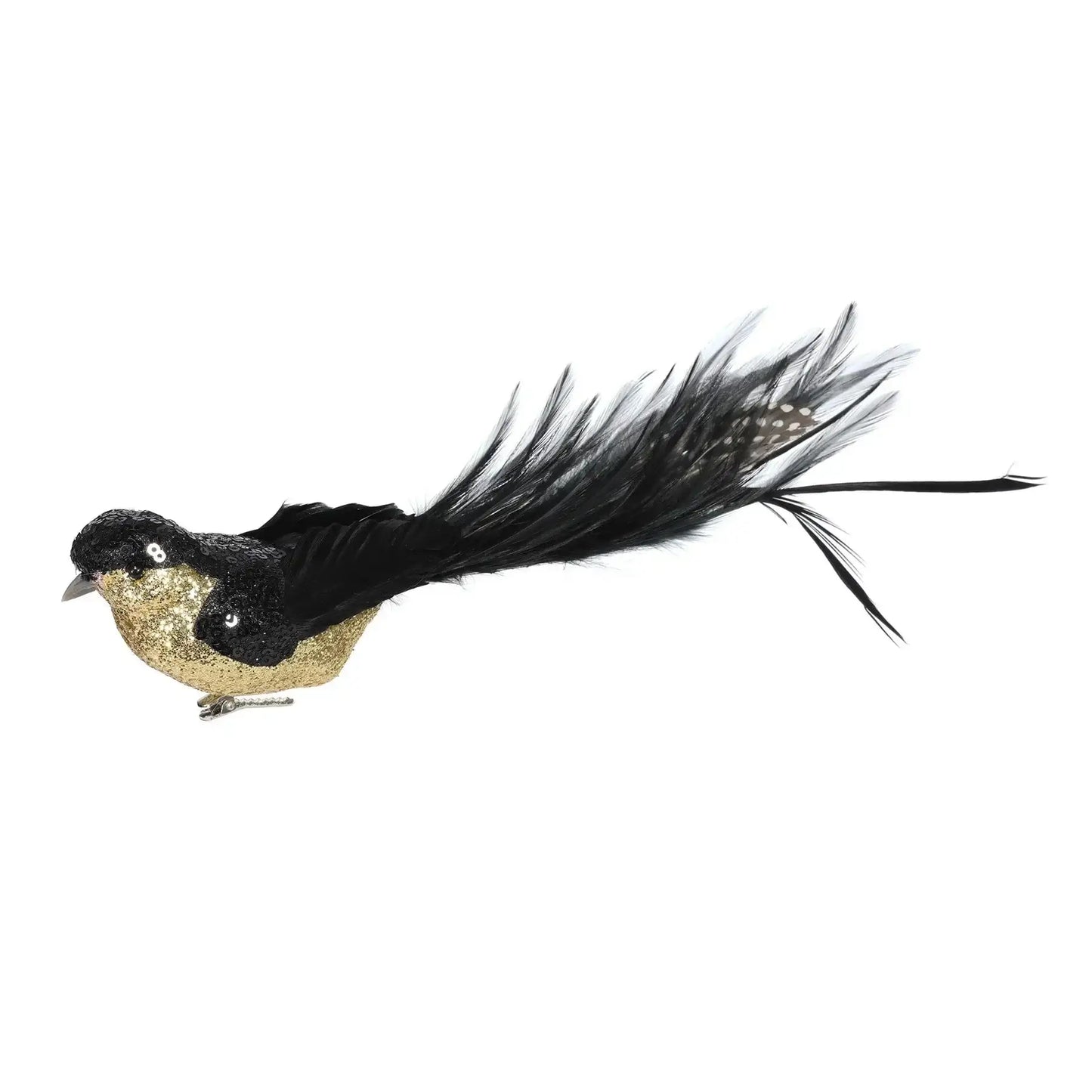Black and Gold Sequin and Glitter Bird with Clip (29cm)