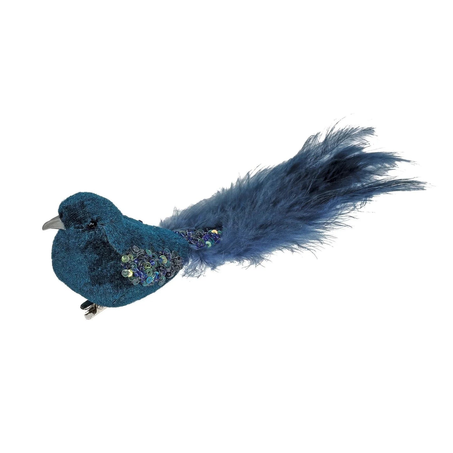 Peacock Blue Velvet Bird with Glitter and Clip (20cm)
