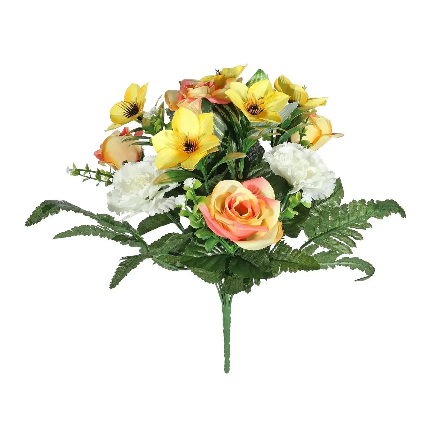 Artificial flower bouquet with yellow lilies, peach roses, white carnations, and green fern leaves for home décor