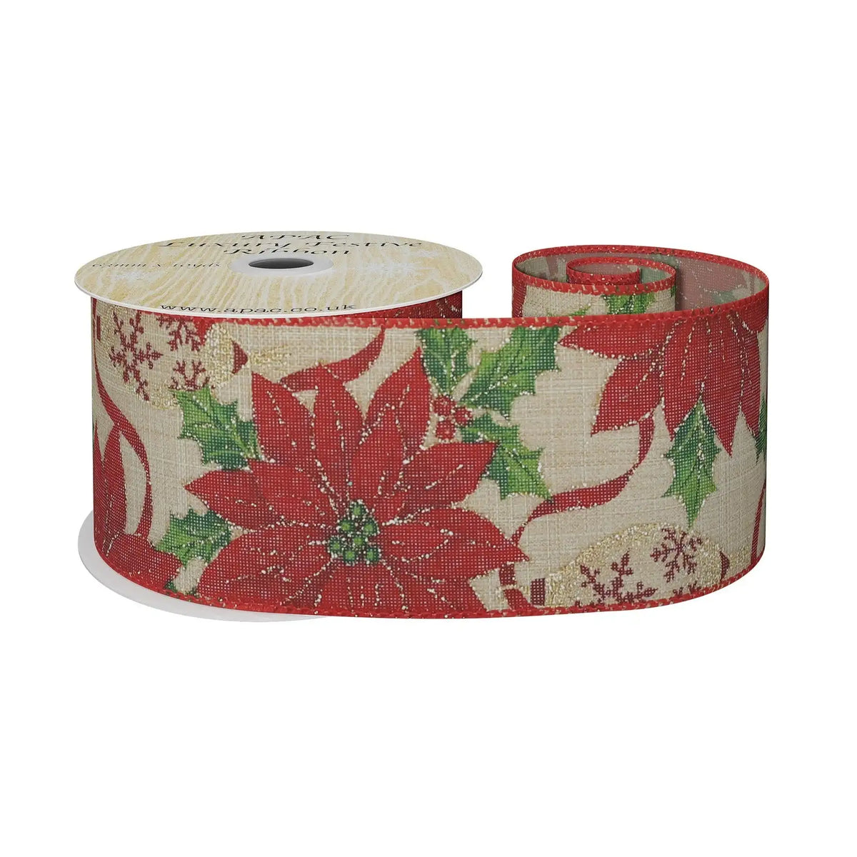 Festive ribbon with red poinsettia, holly, and snowflakes for Christmas gift wrapping and holiday décor