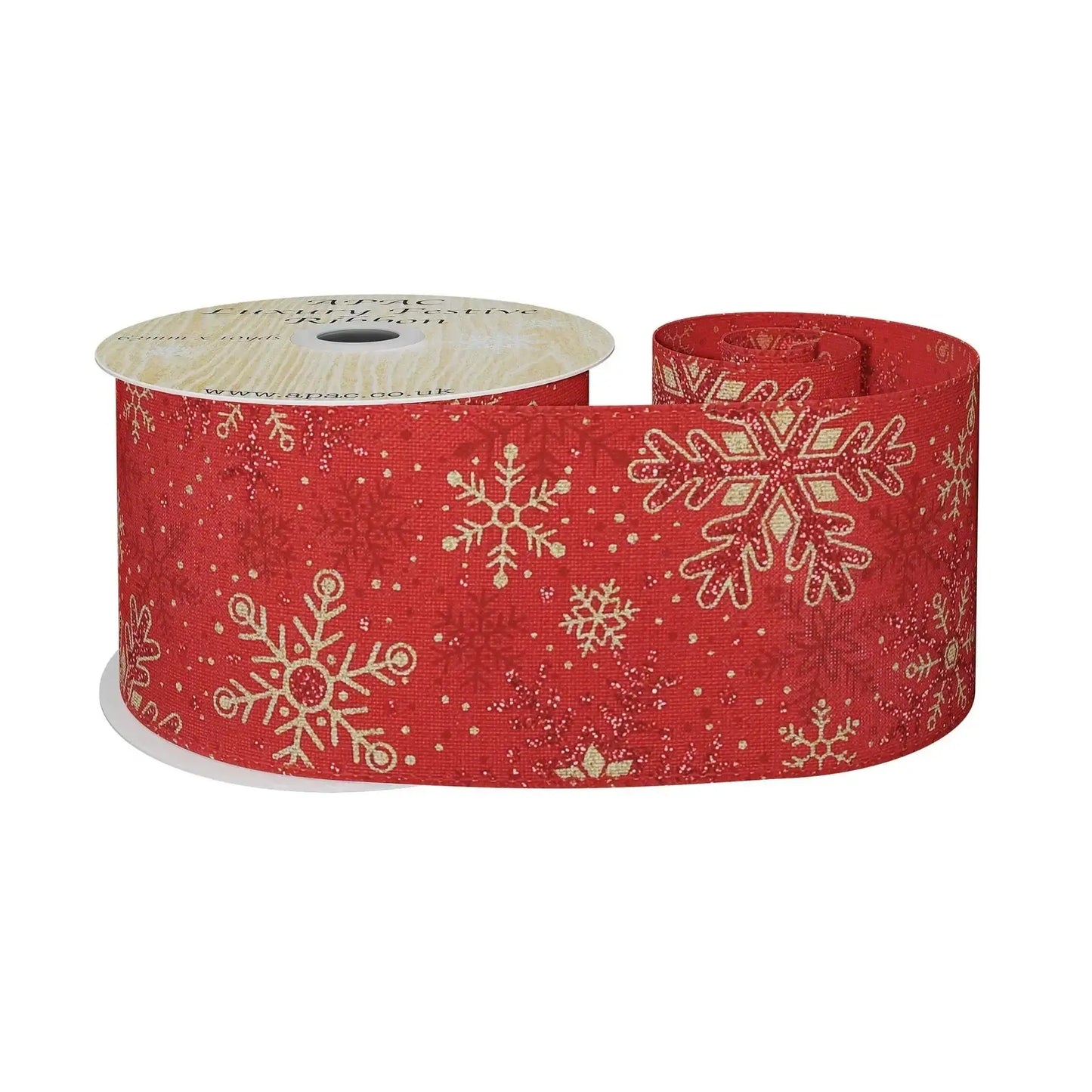 Red Wired Ribbon with Red and Gold Snowflakes (63mm x 10 yards)