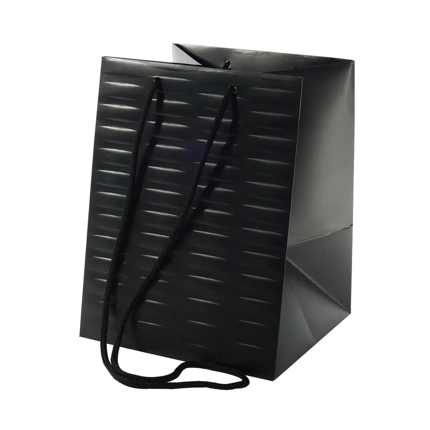 Black textured gift bag with rope handles for birthdays, holidays, and special occasions