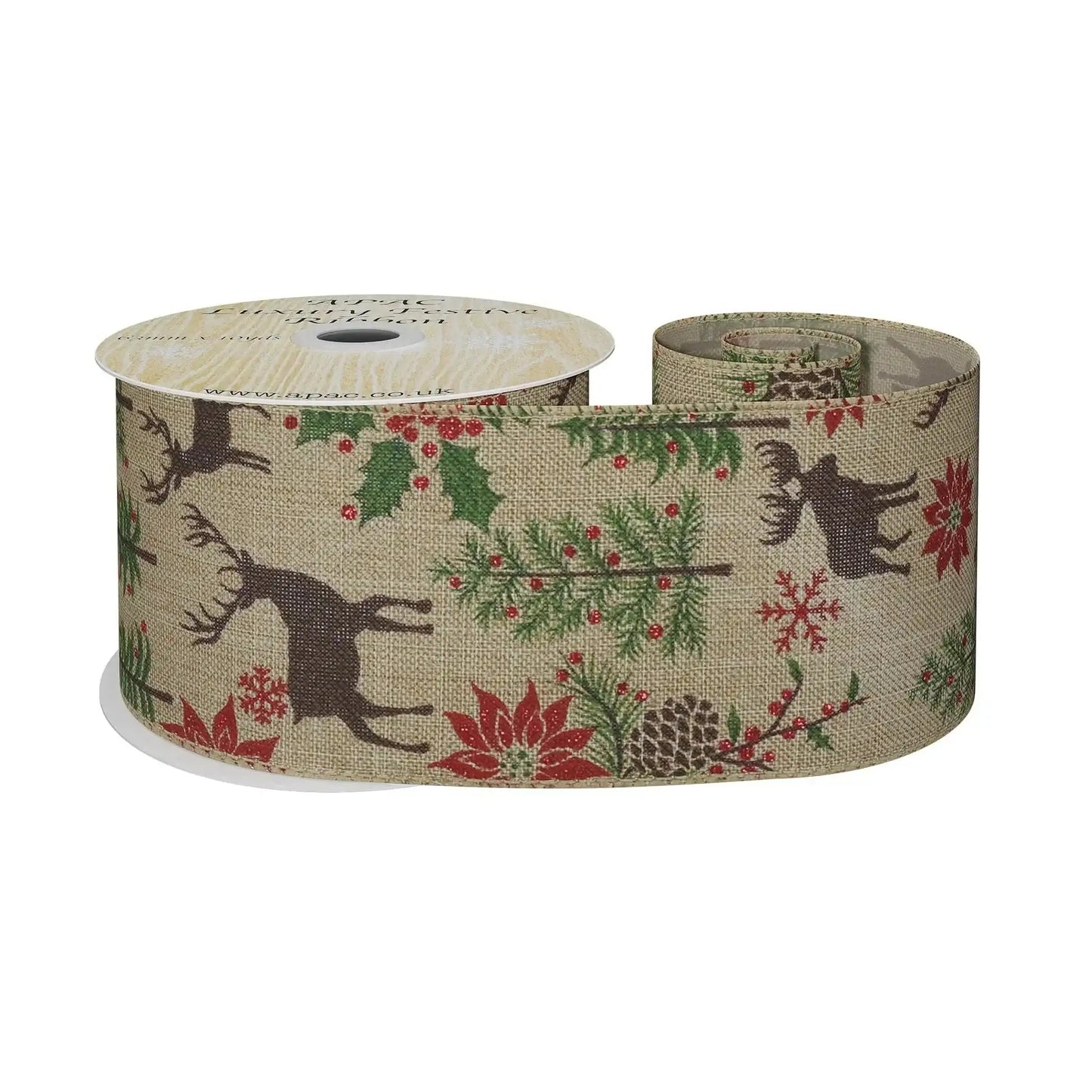 Natural with Deer and Foilage Ribbon (63mm x 10yds)