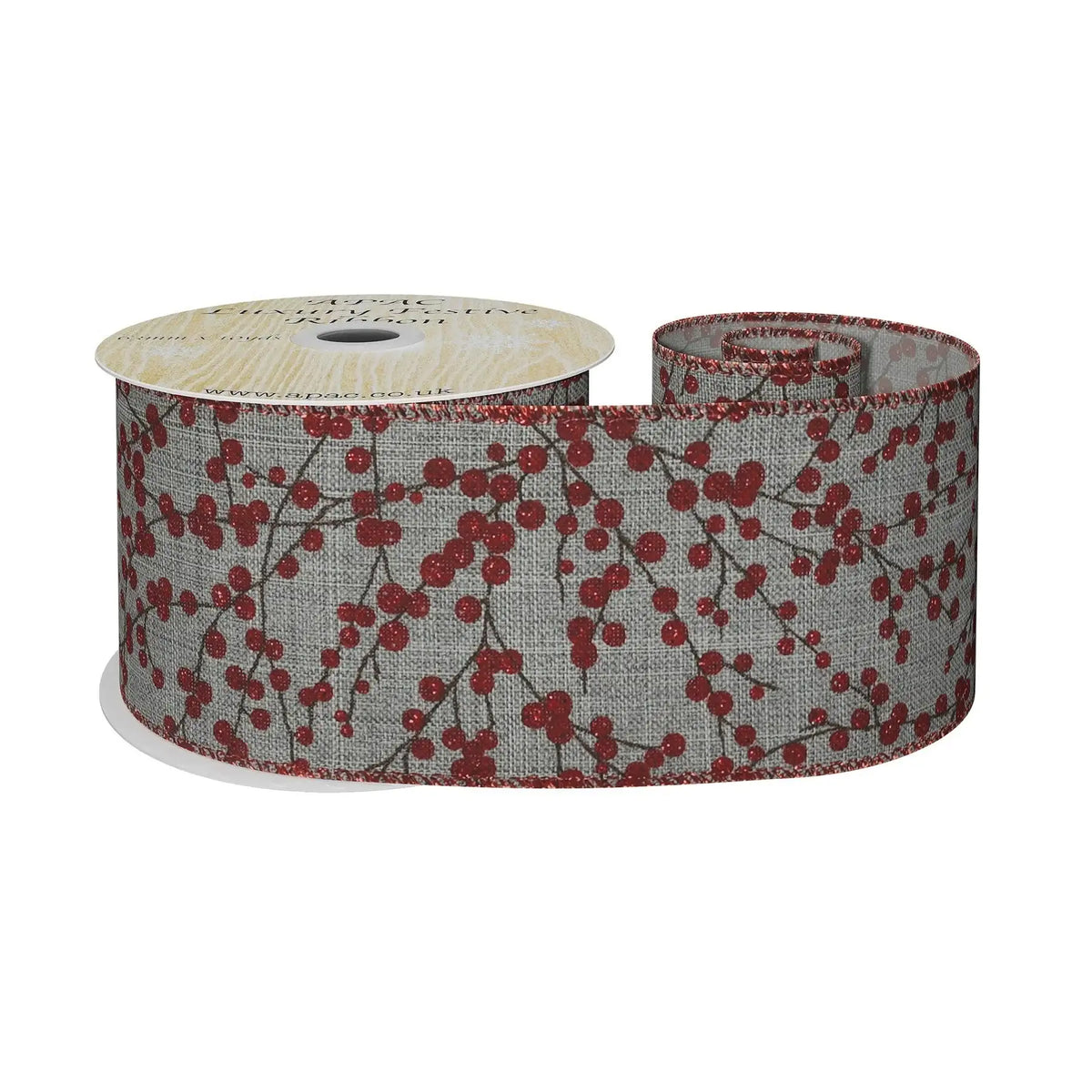 Luxury festive ribbon with red berry print on grey fabric, perfect for holiday gift wrapping and home décor