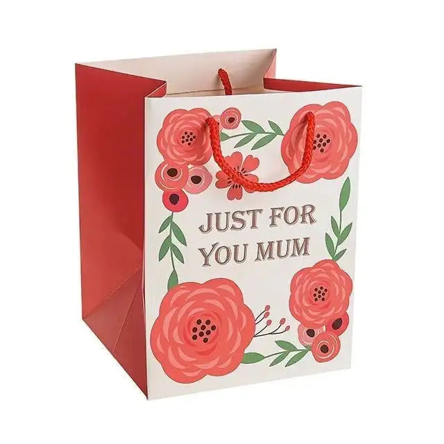 Floral gift bag with red flowers and 'Just For You Mum' text, ideal for Mother's Day or birthday gifts